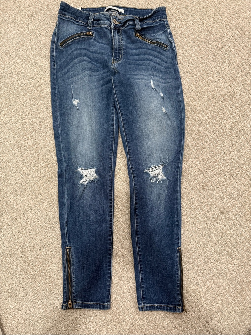 KanCan Dark Blue Distressed Skinny Jeans with Zipper Accents